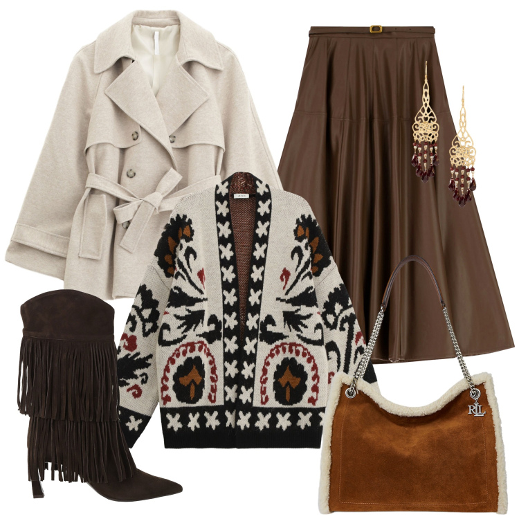 Outfit donna - Total look #2261266. Stile Casual chic per Tutti i giorni. Abbinamento con trench, gonne lunghe, stivali, cardigans, borse tote, orecchini.