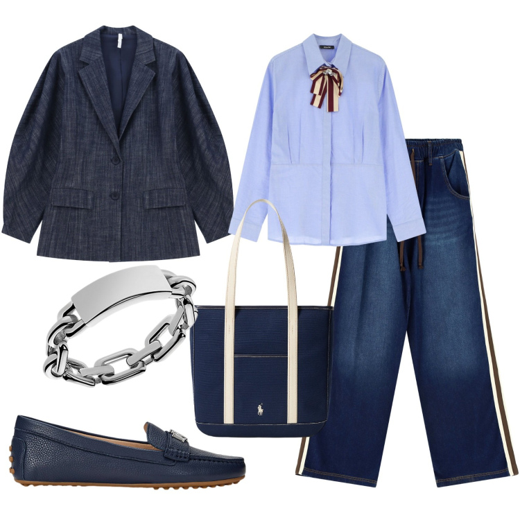 Outfit donna - Total look #2261267. Stile Casual chic per Tutti i giorni. Abbinamento con blazer, jeans, camicie, anelli, mocassini, borse tote.
