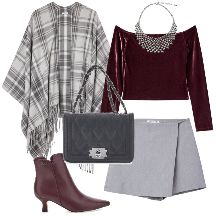 Outfit donna - A cena fuori. Stile Glamour per Serata fuori. Abbinamento con minigonne, cappotti, bluse, collane, borse a tracolla, stivaletti.