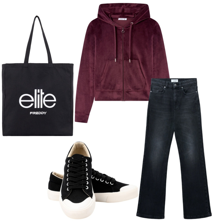 Outfit donna - Total look #2261271. Stile Casual per Tutti i giorni. Abbinamento con felpe con cappuccio, jeans bootcut, shopping bag, sneakers.