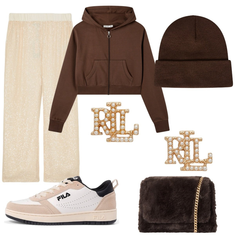 Outfit donna - Cozy girl. Stile Romantica per Tutti i giorni. Abbinamento con felpe con cappuccio, borse a tracolla, berretti, orecchini, sneakers, pantaloni.