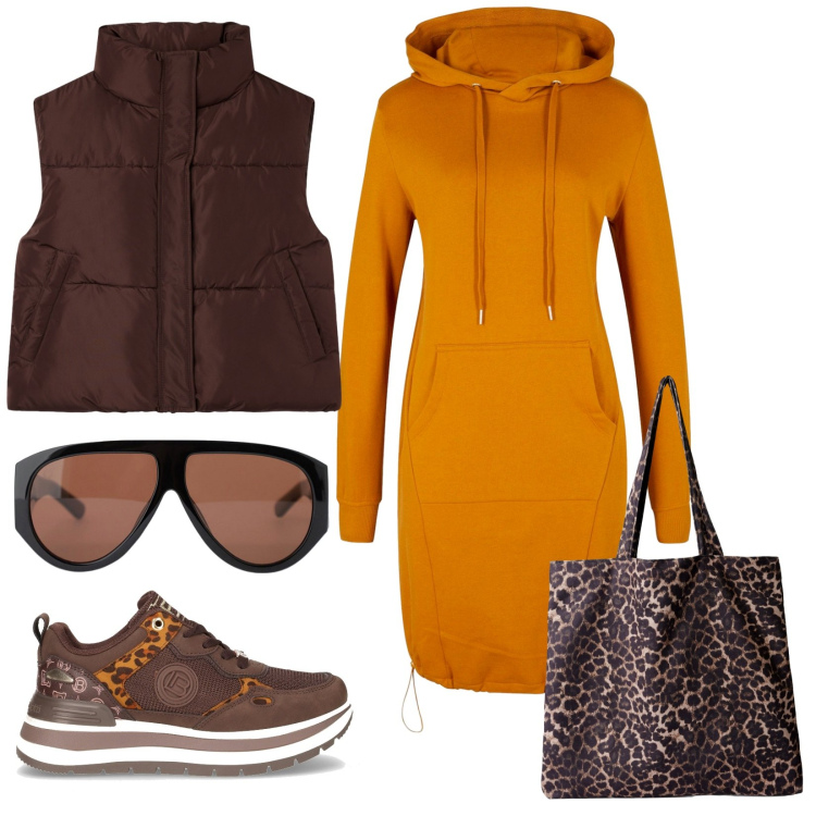 Outfit donna - Total look #2261273. Stile Casual chic per Tutti i giorni. Abbinamento con vestiti, shopping bag, piumini, occhiali da sole, sneakers.