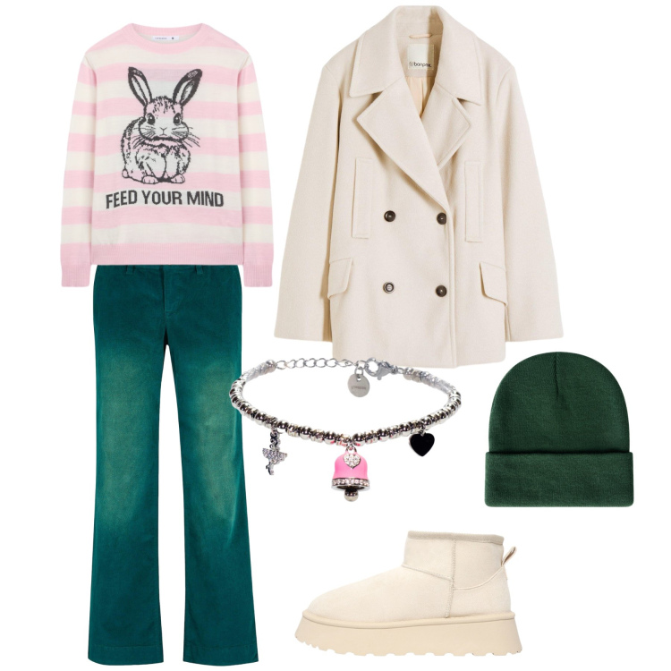 Outfit donna - Total look #2261274. Stile Casual per Tutti i giorni. Abbinamento con pantaloni, caban, stivaletti, berretti, maglieria, braccialetti.