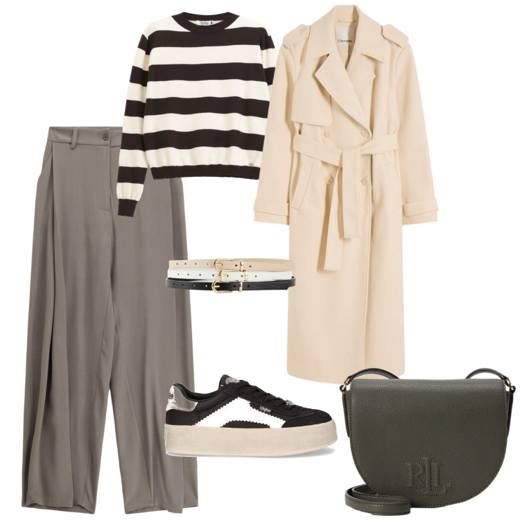 Outfit donna - Trench. Stile Casual per Tutti i giorni. Abbinamento con trench, cinture, pullovers, pantaloni a palazzo, borse a tracolla, sneakers.