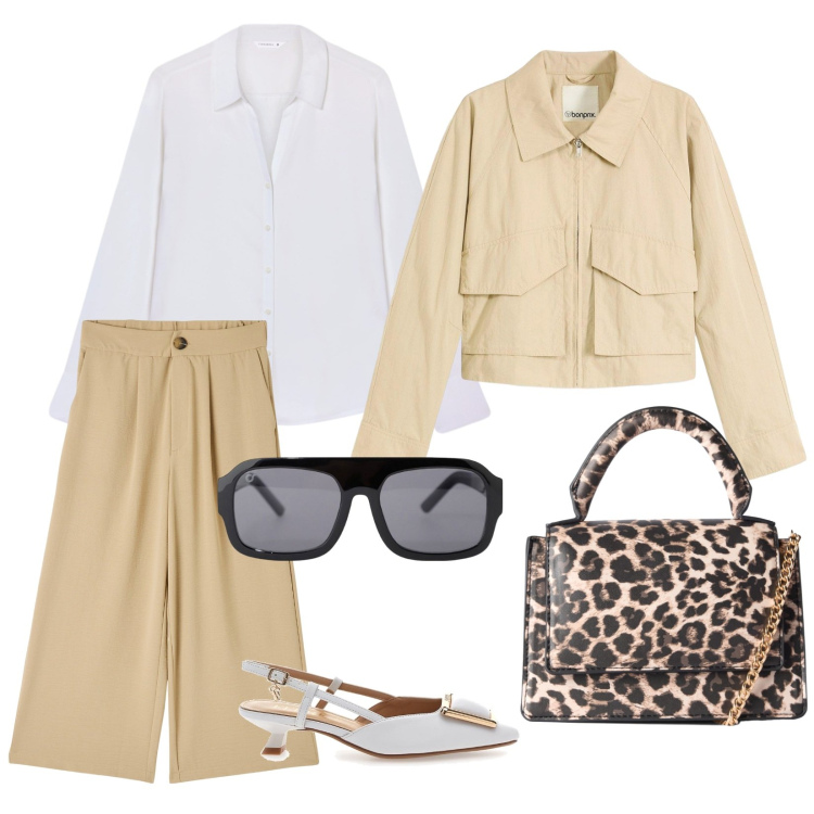 Outfit donna - Trench corto. Stile Casual chic per Tutti i giorni. Abbinamento con trench, borse a tracolla, camicie, pantaloni a palazzo, occhiali da sole, décolleté.