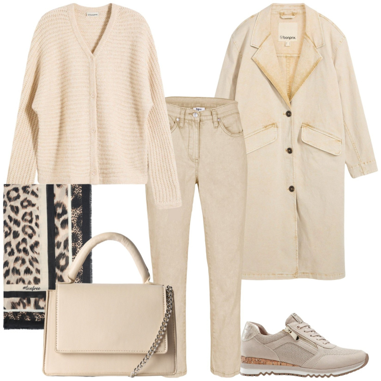 Outfit donna - Total look #2261279. Stile Casual per Ufficio. Abbinamento con trench, cardigans, sneakers, pantaloni, borse a tracolla, foulard.
