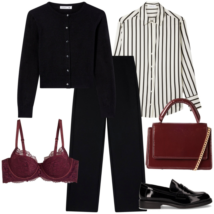 Outfit donna - Total look #2261281. Stile Casual per Ufficio. Abbinamento con reggiseni, camicie, pantaloni, borse a tracolla, cardigans, mocassini.