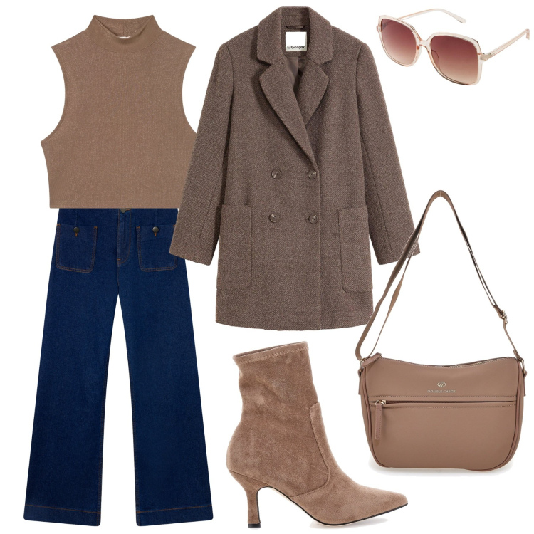 Outfit donna - Pratica ed elegante. Stile Casual per Ufficio. Abbinamento con cappotti, occhiali da sole, jeans, top, borse a tracolla, stivaletti chelsea.