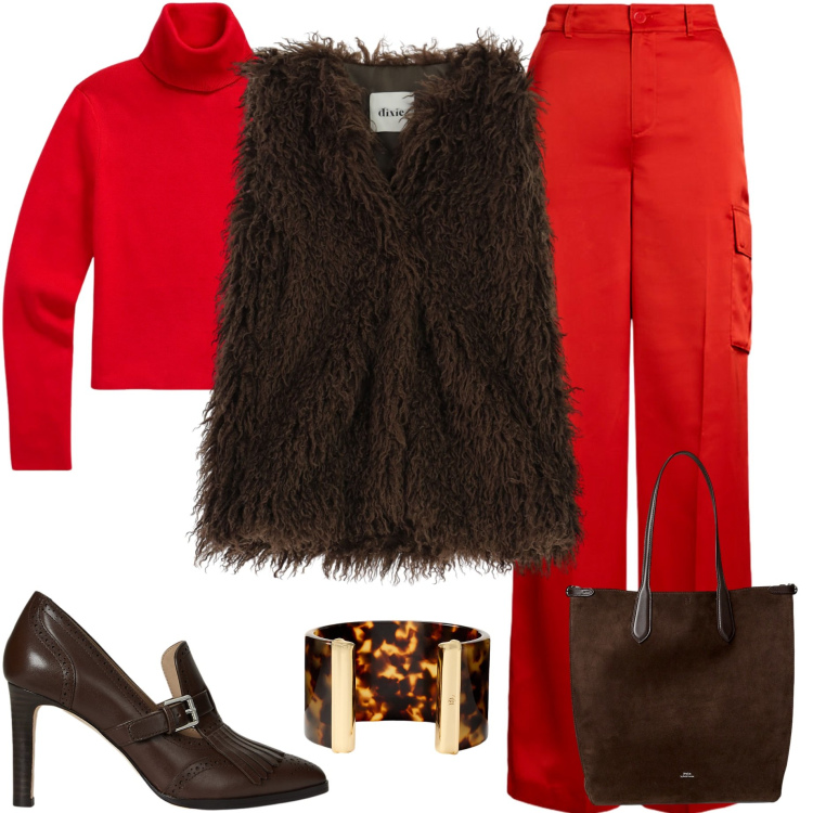 Outfit donna - Colori vivaci in autunno. Stile Glamour per Serata fuori. Abbinamento con gilet, maglieria, pantaloni cargo, borse tote, braccialetti, décolleté.