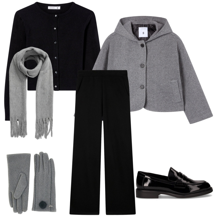 Outfit donna - Minimal autunnale. Stile Minimal per Tutti i giorni. Abbinamento con pantaloni, caban, cardigans, sciarpe, mocassini, guanti.