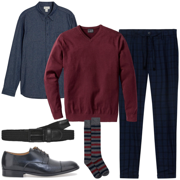 Outfit uomo - Total look #2261325. Stile Casual per Ufficio. Abbinamento con maglieria, camicie, cinture, scarpe stringate, pantaloni, calzini.