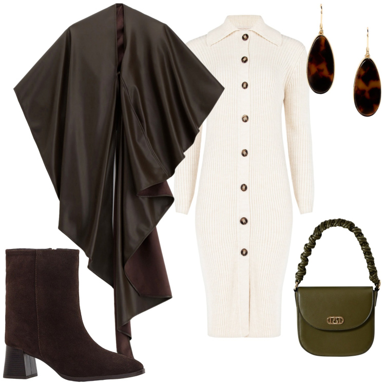 Outfit donna - Minimal autunnale. Stile Minimal per Serata fuori. Abbinamento con stivaletti, vestiti midi/longuette, borse a mano, cappe, orecchini.