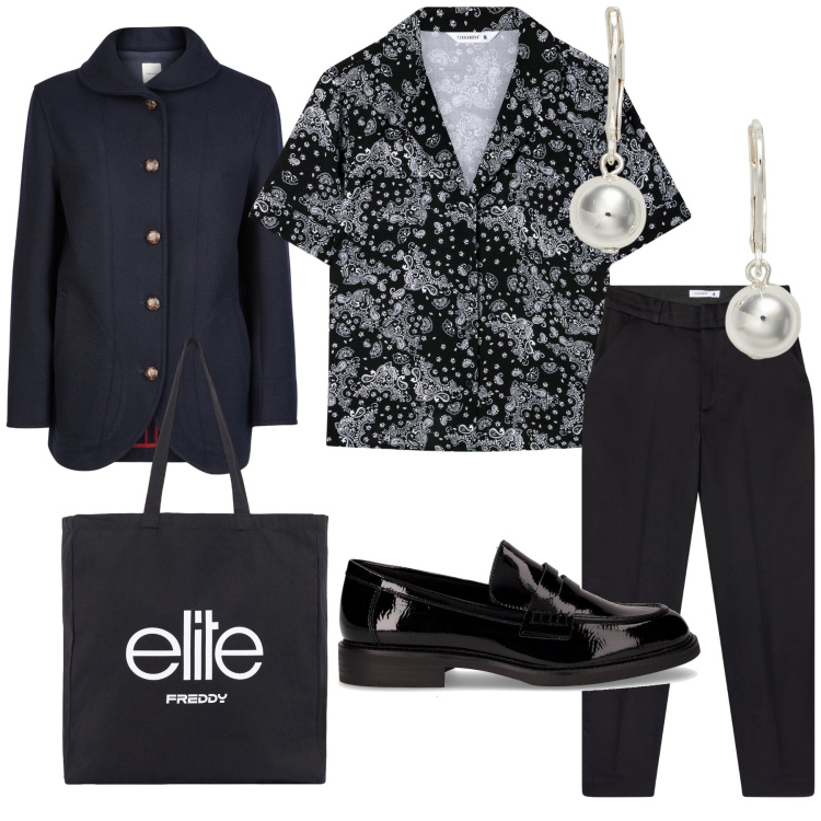Outfit donna - Le perle sul maschile. Stile Mannish per Ufficio. Abbinamento con camicie a manica corta, pantaloni chino, shopping bag, orecchini, blazer, mocassini.