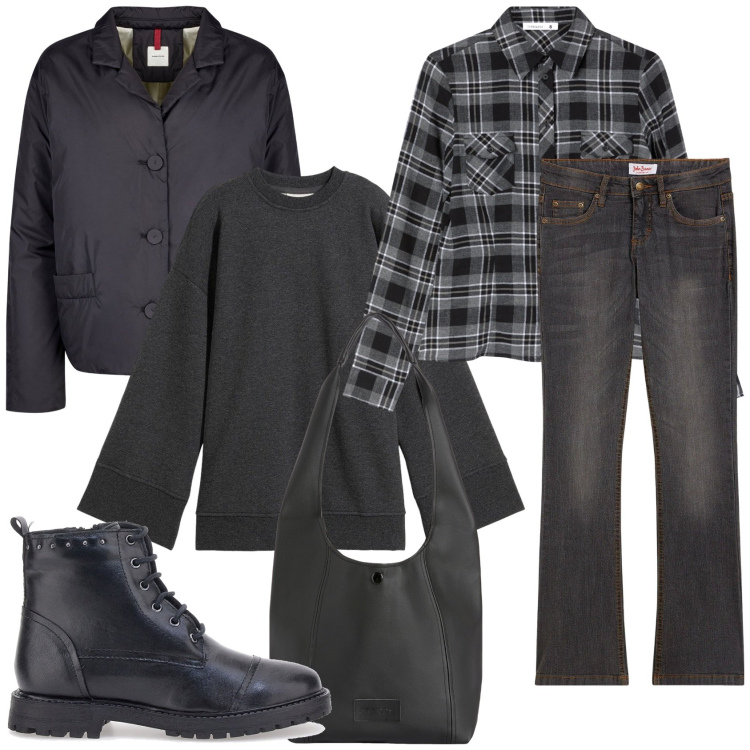 Outfit donna - Totale grigio. Stile Casual per Tutti i giorni. Abbinamento con jeans bootcut, felpe, camicie, borse a spalla, blazer, anfibi.