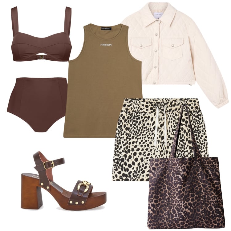 Outfit donna - Prossimo weekend al mare. Stile Trendy per Mare. Abbinamento con giacche, shopping bag, canottiere, pantaloni corti, bikini, zoccoli.