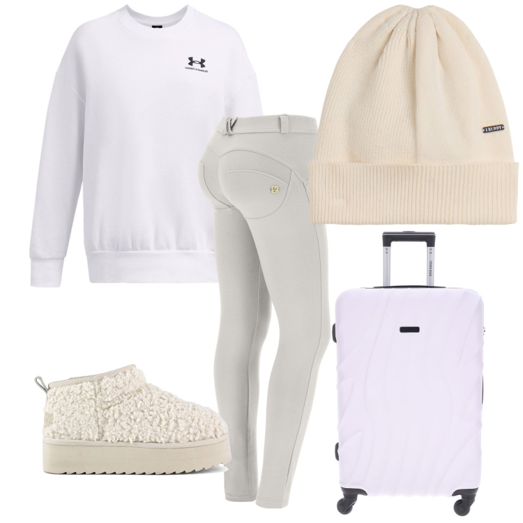 Outfit donna - Viaggio in bianco sporco. Stile Casual per Tutti i giorni. Abbinamento con pantaloni skinny, berretti, felpe, stivaletti, valigie.