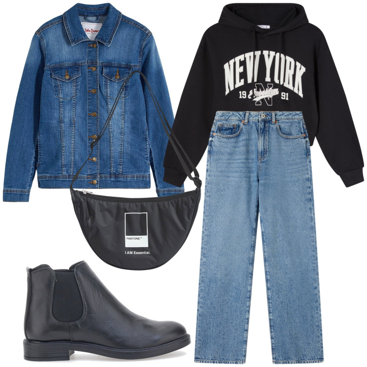 Outfit donna - Sognare New York. Stile Basic per Tutti i giorni. Abbinamento con blazer, felpe con cappuccio, jeans dritti, marsupi, stivaletti chelsea.