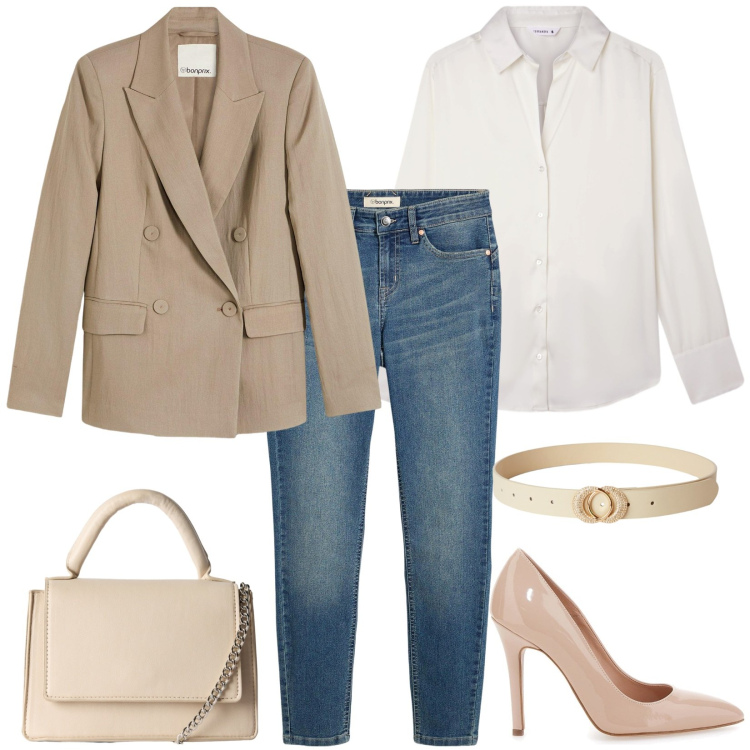 Outfit donna - Total look #2261349. Stile Casual per Ufficio. Abbinamento con jeans skinny, blazer, borse a tracolla, cinture, camicie, décolleté.