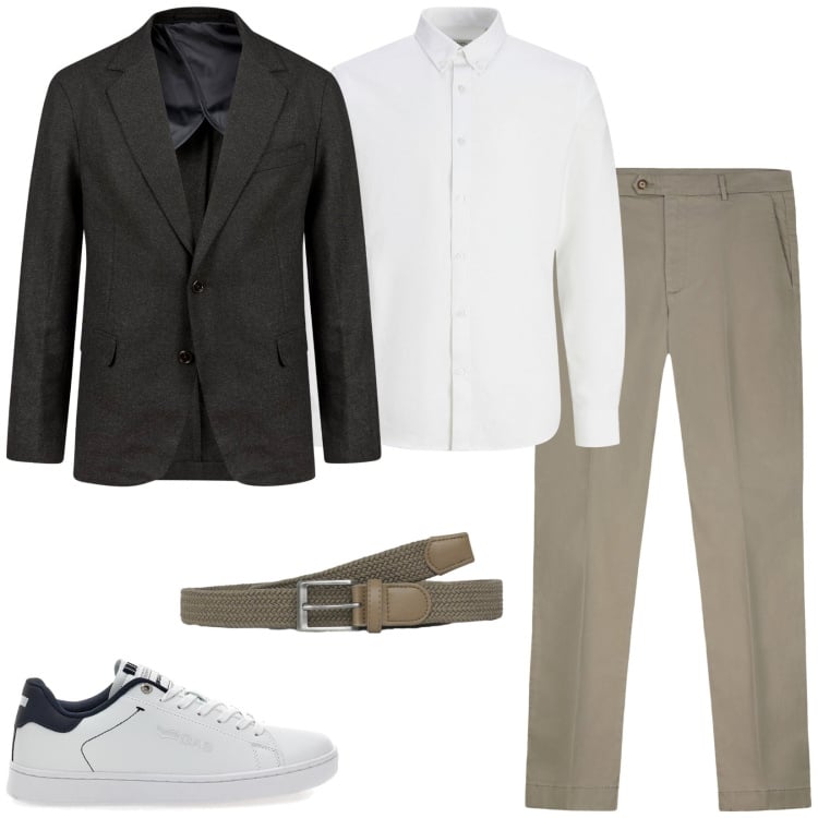 Outfit uomo - Total look #2261356. Stile Casual per Ufficio. Abbinamento con camicie, cinture, pantaloni chino, giacche, sneakers.