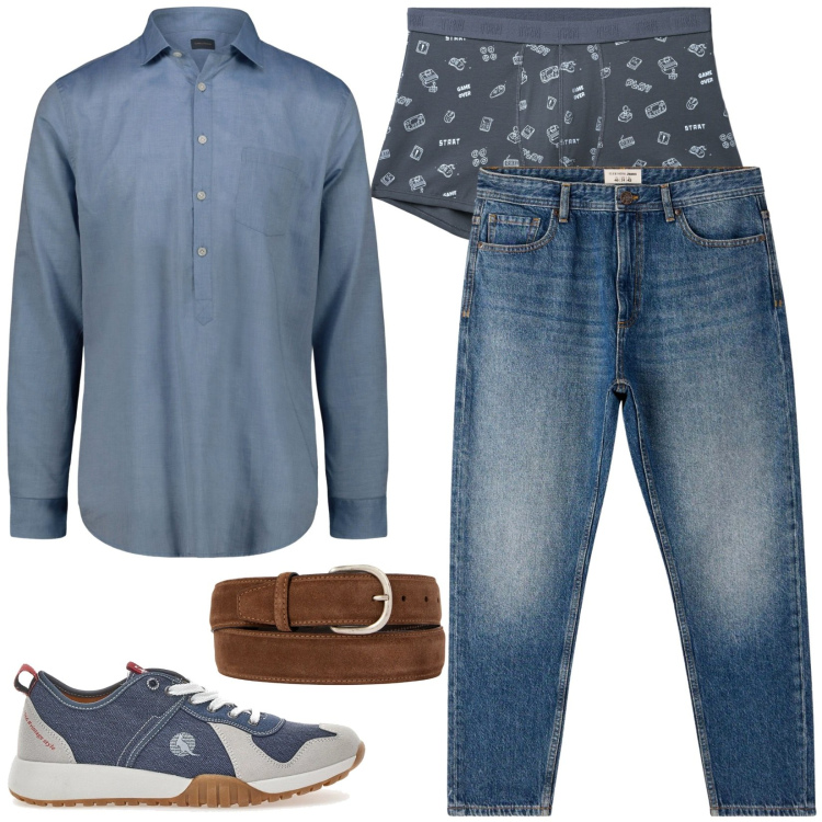 Outfit uomo - Sneakers dall\'aspetto retrò. Stile Casual per Tutti i giorni. Abbinamento con jeans, boxer, cinture, sneakers, camicie.
