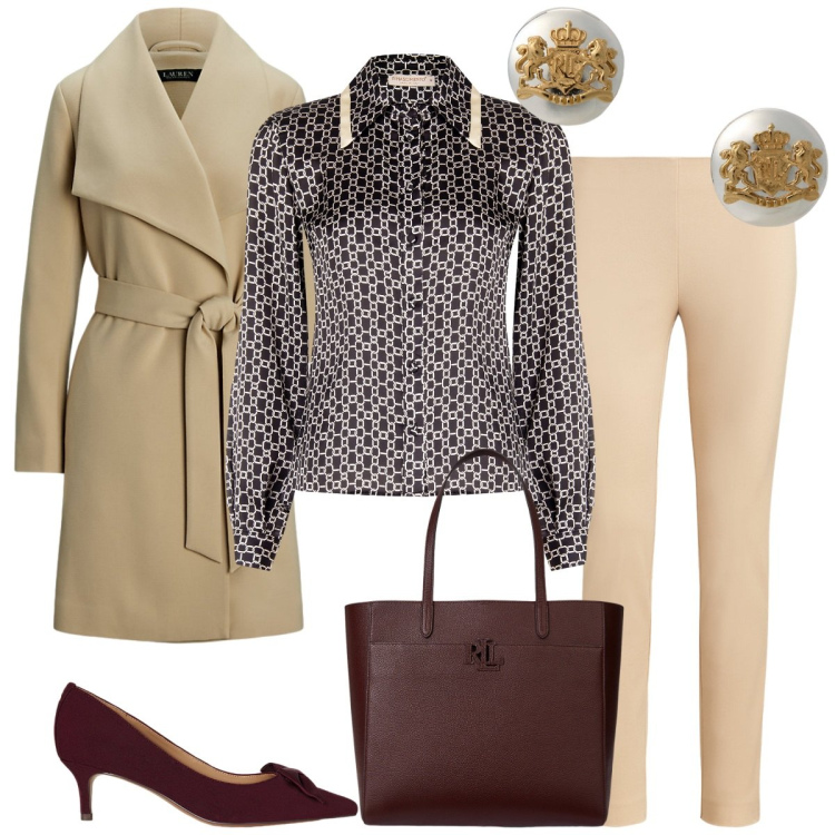 Outfit donna - Ufficio. Stile Basic per Ufficio. Abbinamento con camicie, orecchini, décolleté, cappotti, borse tote, pantaloni skinny.