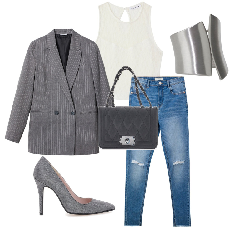 Outfit donna - Total look #2261363. Stile Casual chic per Serata fuori. Abbinamento con jeans strappati, top, blazer, anelli, borse a tracolla, décolleté.