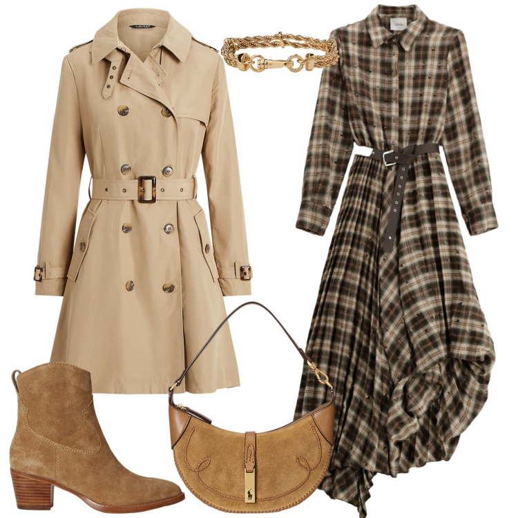 Outfit donna - Old America. Stile 70s per Tutti i giorni. Abbinamento con vestiti lunghi, borse a spalla, braccialetti, stivaletti, trench.