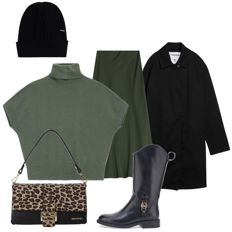 Outfit donna - Verde e nero: tres chic…. Stile Minimal per Tutti i giorni. Abbinamento con trench, gonne lunghe, maglieria, borse a spalla, cappelli, stivaletti.