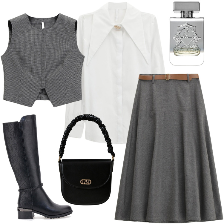 Outfit donna - Total look #2261366. Stile Casual chic per Tutti i giorni. Abbinamento con profumi, gonne lunghe, borse a mano, camicie, gilet, stivali sopra il ginocchio.