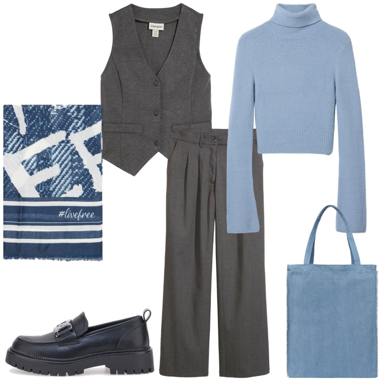 Outfit donna - Total look #2261369. Stile Casual chic per Ufficio. Abbinamento con gilet, pantaloni a palazzo, borse tote, maglieria, mocassini, foulard.