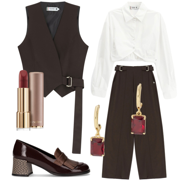 Outfit donna - Chocolat. Stile Trendy per Serata fuori. Abbinamento con rossetti, pantaloni a palazzo, gilet, camicie, orecchini, mocassini.