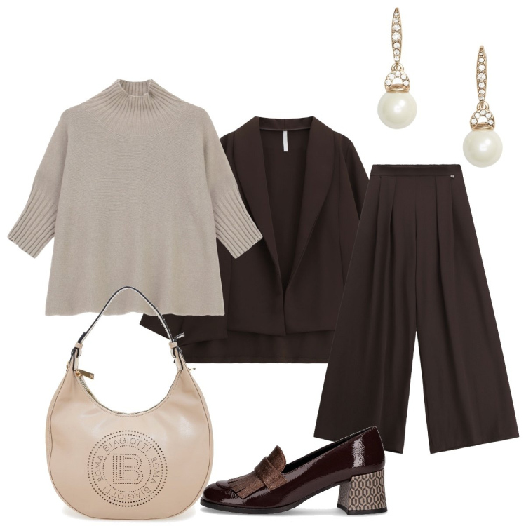 Outfit donna - Minimal protagonista ad ottobre. Stile Minimal per Ufficio. Abbinamento con blazer, maglieria, pantaloni a palazzo, orecchini, mocassini, borse a spalla.