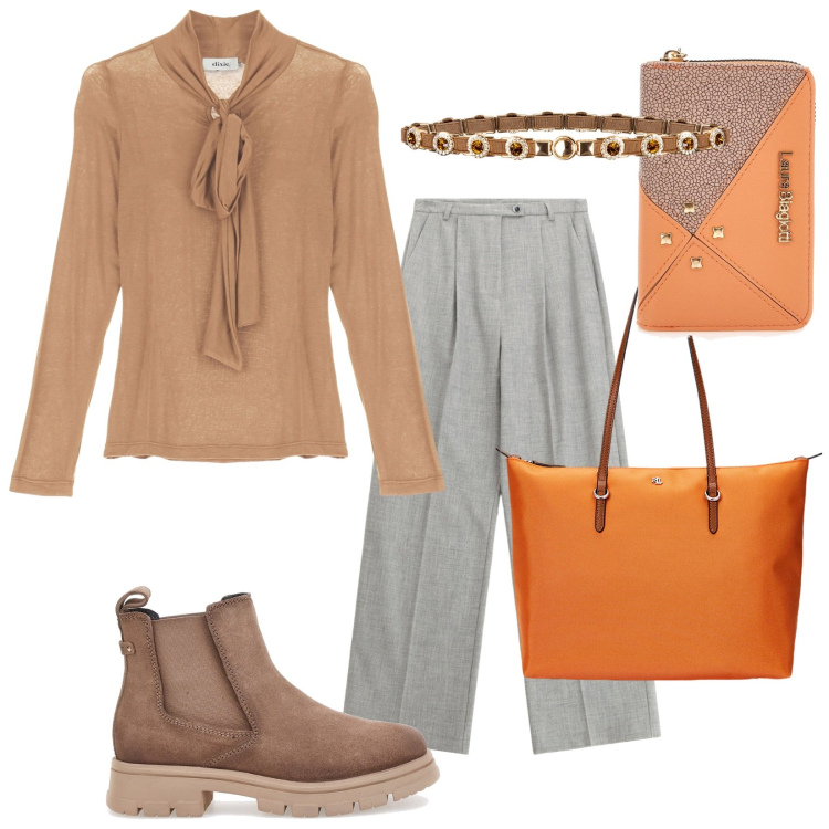 Outfit donna - Oltre il grigio. Stile Trendy per Tutti i giorni. Abbinamento con cinture, pantaloni, top, borse tote, portafogli, stivaletti chelsea.