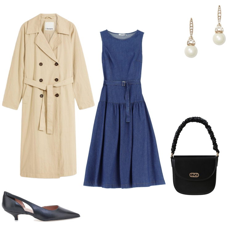 Outfit donna - Paris, toujours. Stile Casual chic per Tutti i giorni. Abbinamento con trench, vestiti lunghi, borse a mano, orecchini, décolleté.
