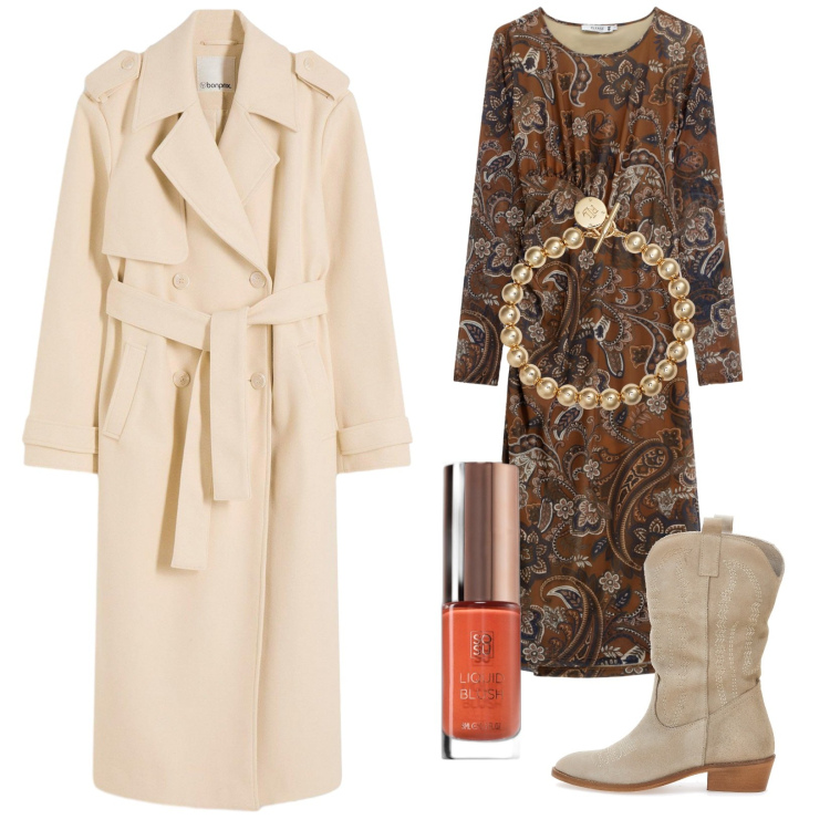 Outfit donna - Il trench effetto lana. Stile Trendy per Tutti i giorni. Abbinamento con trench, blush, vestiti midi/longuette, braccialetti, stivaletti texani.