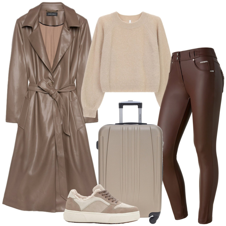 Outfit donna - Il trench in pelle per il weekend. Stile Casual chic per Tutti i giorni. Abbinamento con sneakers, maglieria, pantaloni skinny, valigie, trench.
