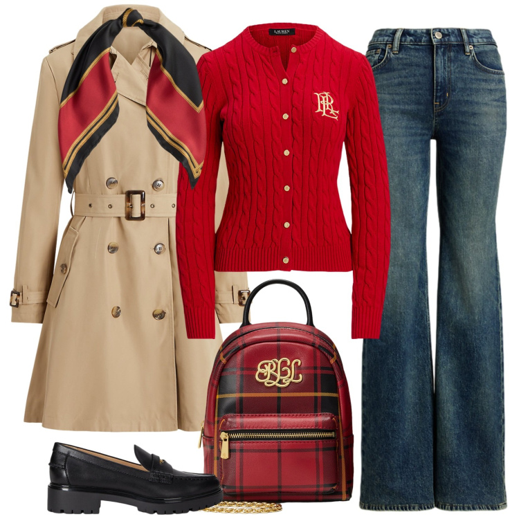 Outfit donna - Evergreen college style. Stile Preppy per Scuola/Università. Abbinamento con cardigans, mocassini, jeans, borse a tracolla, foulard, trench.