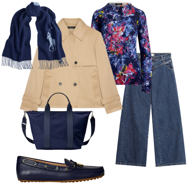 Outfit donna - Trench season. Stile Romantica per Ufficio. Abbinamento con jeans, maglieria, borse tote, mocassini, sciarpe, trench.