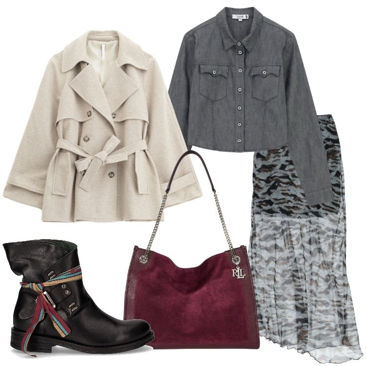 Outfit donna - Trench Season. Stile Trendy per Tutti i giorni. Abbinamento con camicie, trench, gonne lunghe, borse tote, anfibi.