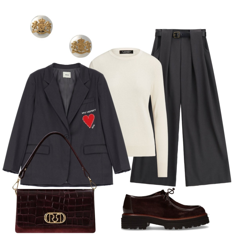 Outfit donna - Minimal autunnale. Stile Minimal per Ufficio. Abbinamento con pantaloni a palazzo, blazer, borse a mano, orecchini, maglieria, mocassini.
