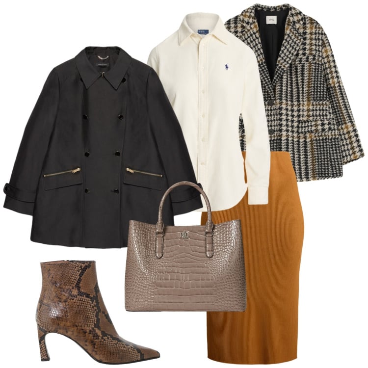 Outfit donna - Trench season. Stile Glamour per Ufficio. Abbinamento con blazer, stivaletti, gonne, borse a mano, camicie, trench.