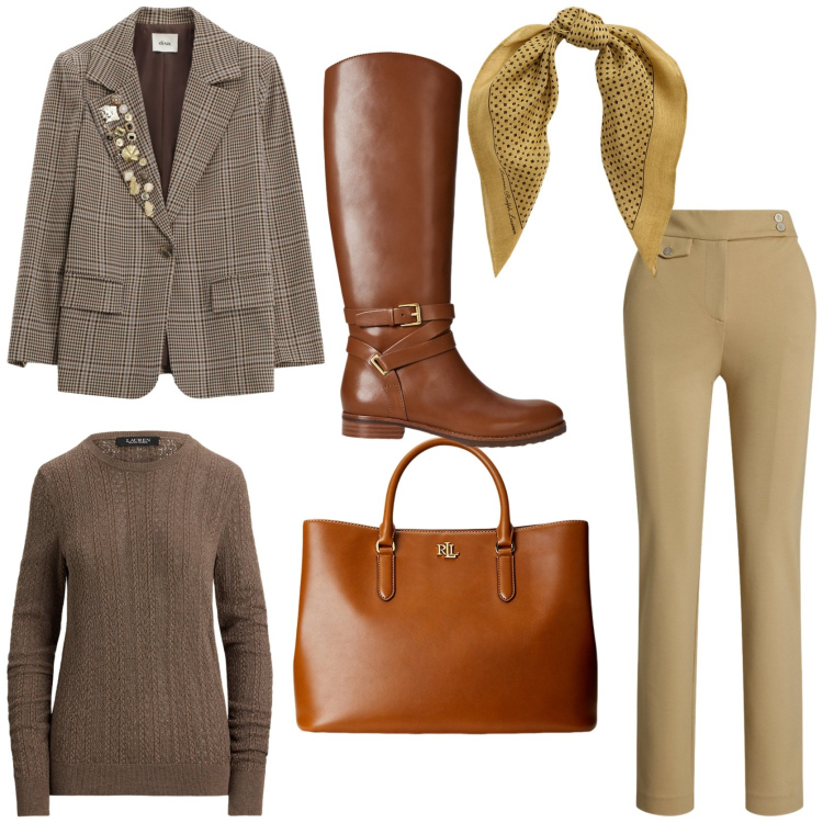 Outfit donna - British. Stile Casual chic per Tutti i giorni. Abbinamento con blazer, borse a mano, foulard, stivali, maglieria, pantaloni.