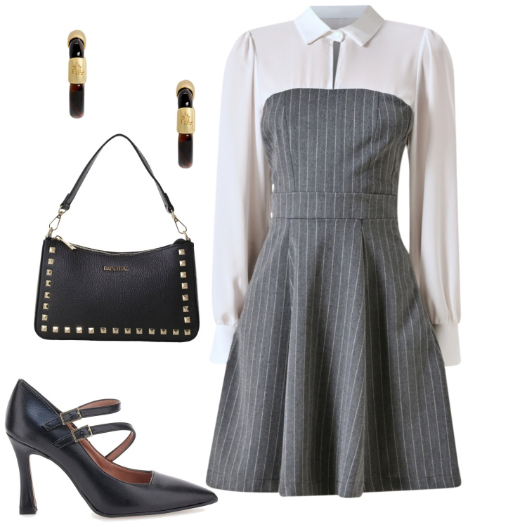 Outfit donna - Ottobre. Stile Urban per Tutti i giorni. Abbinamento con vestiti corti, pochette, orecchini, décolleté.