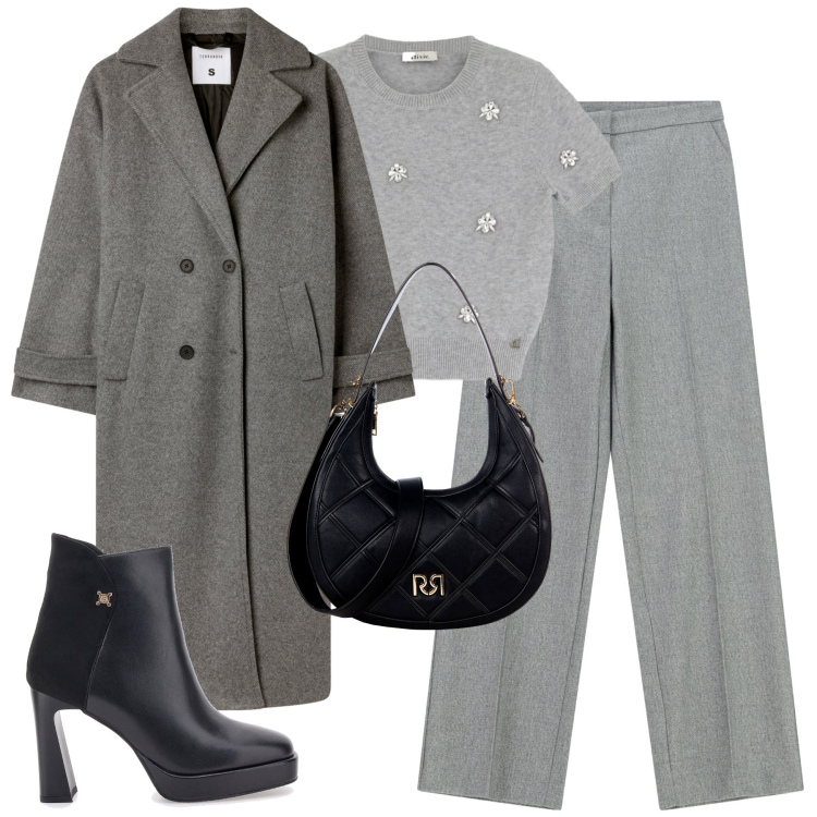 Outfit donna - City. Stile Minimal per Tutti i giorni. Abbinamento con cappotti, borse a tracolla, pantaloni a palazzo, maglieria, stivaletti.