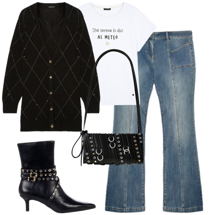Outfit donna - Ottobre. Stile Casual chic per Tutti i giorni. Abbinamento con stivaletti, borse a spalla, t-shirt, jeans, cardigans.