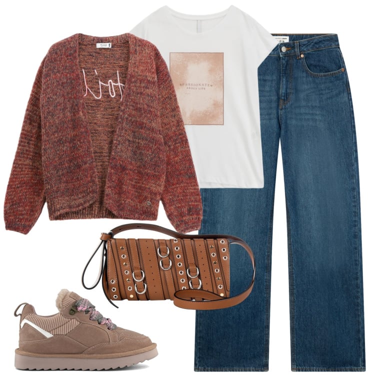 Outfit donna - Ottobre. Stile Casual chic per Tutti i giorni. Abbinamento con jeans, cardigans, borse a spalla, t-shirt, sneakers alte.