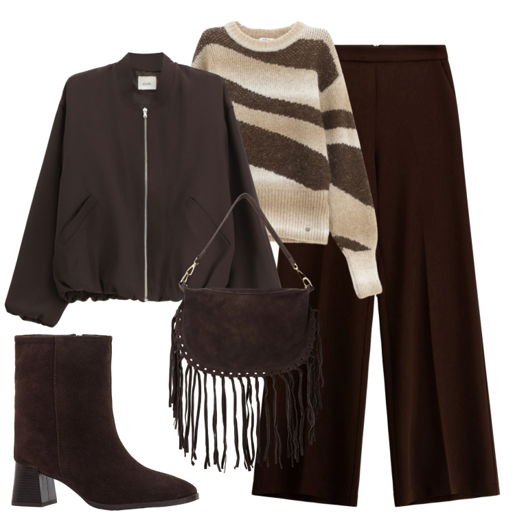 Outfit donna - Ottobre. Stile Urban per Tutti i giorni. Abbinamento con stivaletti, pullovers, pantaloni, bomber, borse a tracolla.