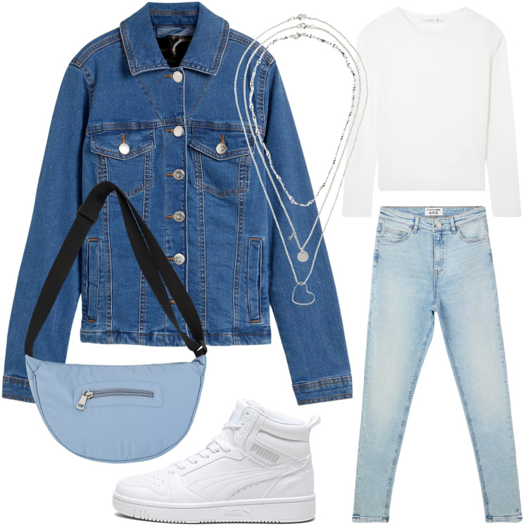 Outfit donna - Total look #2261468. Stile Urban per Tutti i giorni. Abbinamento con blazer, collane, borse a tracolla, t-shirt, jeans skinny, sneakers alte.