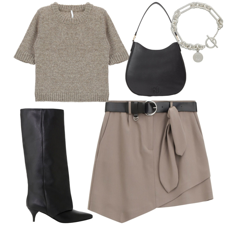 Outfit donna - City. Stile Urban per Tutti i giorni. Abbinamento con maglieria, minigonne, stivali, braccialetti, borse a spalla.