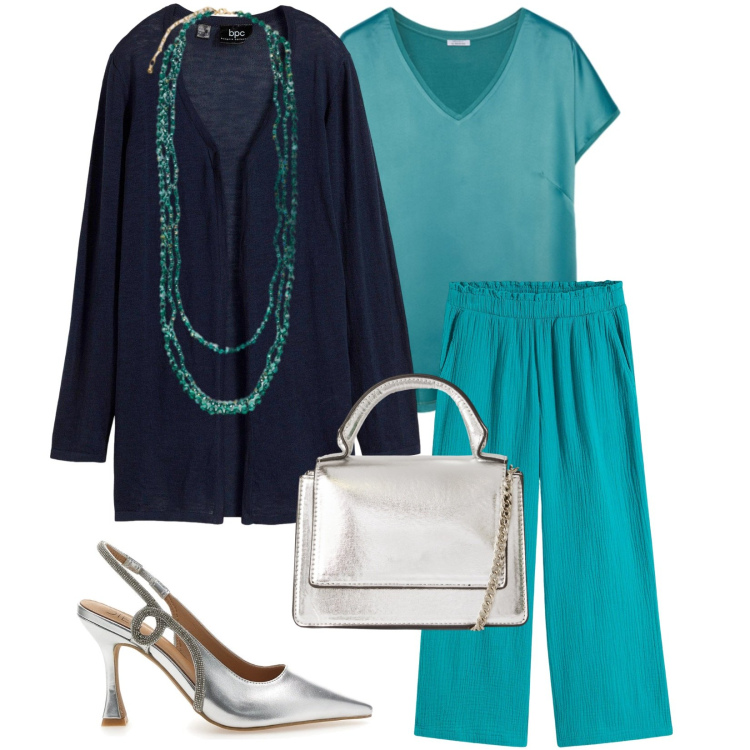 Outfit donna - Serata fuori. Stile Casual chic per Serata fuori. Abbinamento con cardigans, pantaloni culotte, borse a tracolla, décolleté, collane, bluse.